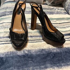 Ann Taylor Black Faux-Snakeskin Peep-Toe Slingback Platform Heels